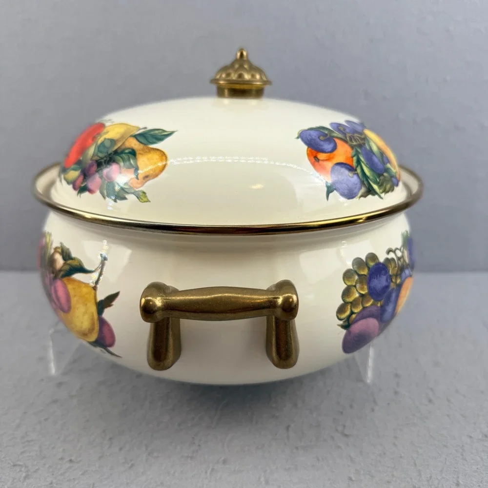 Vtg Enamel Dutch Oven Casserole Orchard Fruit Pattern Brass Handles Pristine 10